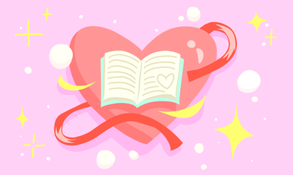 Graphic of a red heart with ribbons across it and a book on top. The book has pages open, with a heart drawing on the right page. The background is pink and adorned with stars.
