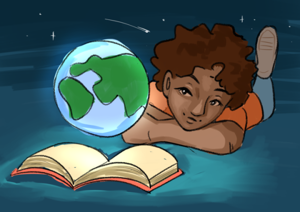 A graphic depicting globe spinning on top of an open book and a person lays staring into the book.