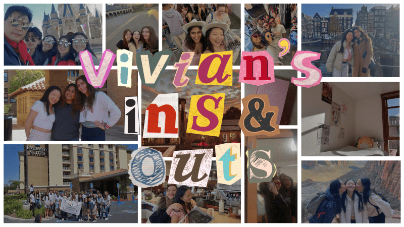 a collage of friends and memories, overlayed with text reading "Vivian's Ins and Outs."