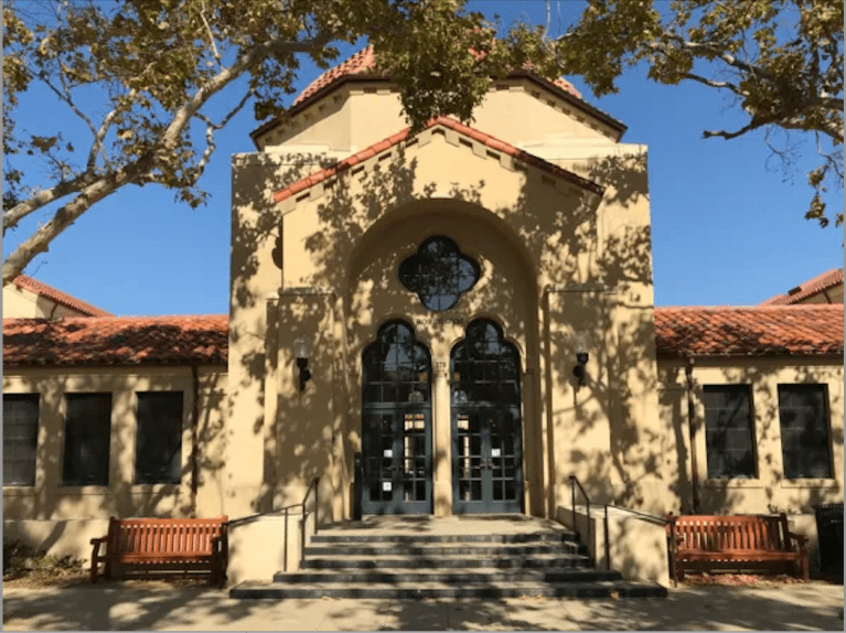 Photo of the front of Roble Arts Gym, which is where the performance of "The Wolves" took place.