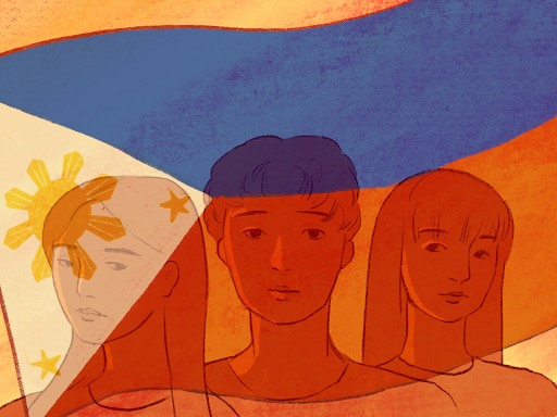 The flag of the Philippines overlaid on a drawing of three Pilipino students.