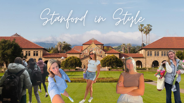 A collage of different pictures of Rebecca and her different outfits, with Stanford's Oval and Main Quad in the background.