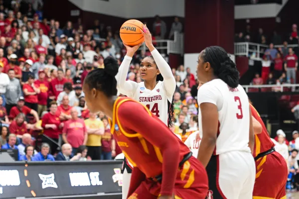Junior foward Kiki Iriafen shoots a free throw late in overtime to seal the win over Iowa State. (Photo: CAYDEN GU/The Stanford Daily)