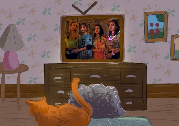 Graphic of TV screen with four people standing with worried faces. Sitting in front of TV is a person with grey hair and an orange cat on their chair.
