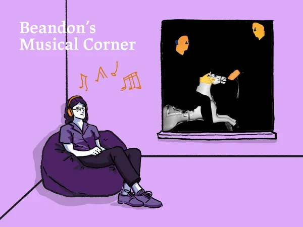 Cartoon version of Brandon listens to music through headphones while seated on a bean bag in a corner of a purple-walled room with "Beandon's Musical Corner" written in the background.