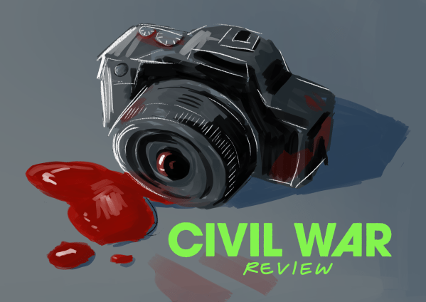 Camera with blood markings, with title reading Civil War Review
