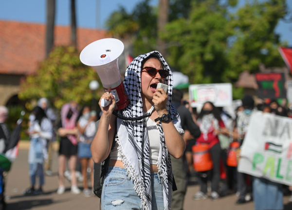 Students march in support of Palestine in April 2024. (Photo: CAYDEN GU/The Stanford Daily)