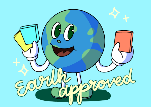 An Earth holding DVDs with text reading Earth Approved.