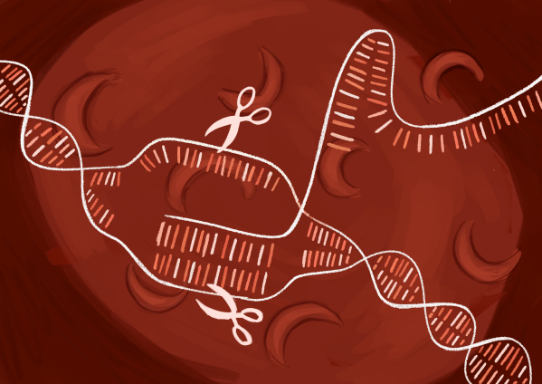 Animated genes with scissors on a red background that resembles a blood cell.