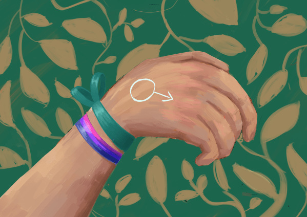 Graphic of a hand with the male symbol with the bi flag as a wristband and a teal ribbon tied around the wrist. Set against a green background with leaves.