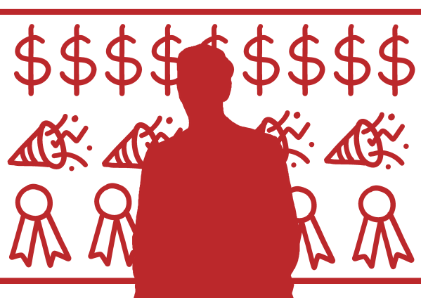 The silhouette of a man stands in front of icons representing money and accolades.