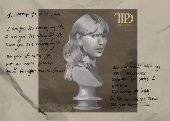 A head to shoulder sculpture of Taylor Swift looks out at the viewer on the cover of a vinyl for TTPD with lyrics from the album floating above.