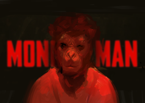 Man in a monkey mask against a back background. Title reads 'Monkey Man,'