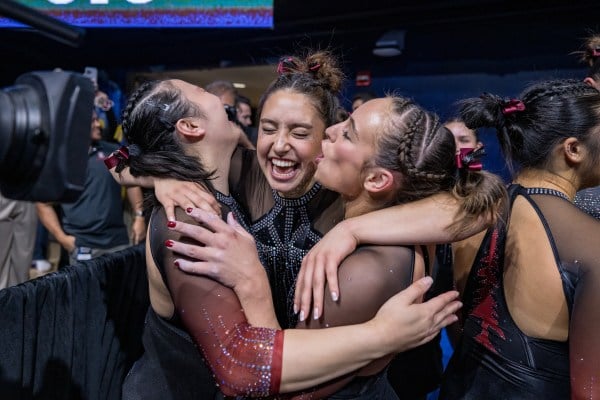 Porsche Trinidad, Claire Dean and Chloe Widner after a meet for Stanford University at NCAA Regionals at Haas Pavilion on April 5, 2024 in Berkeley, California. (Karen Hickey/ISI Photos)