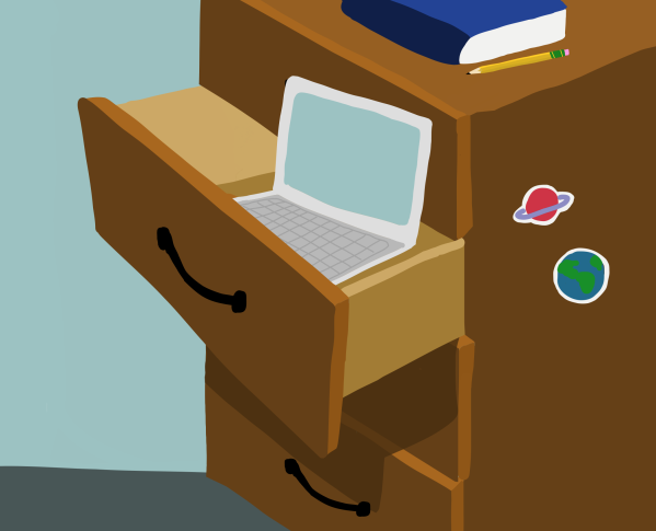 A cartoon that shows an open desk drawer with a laptop inside.