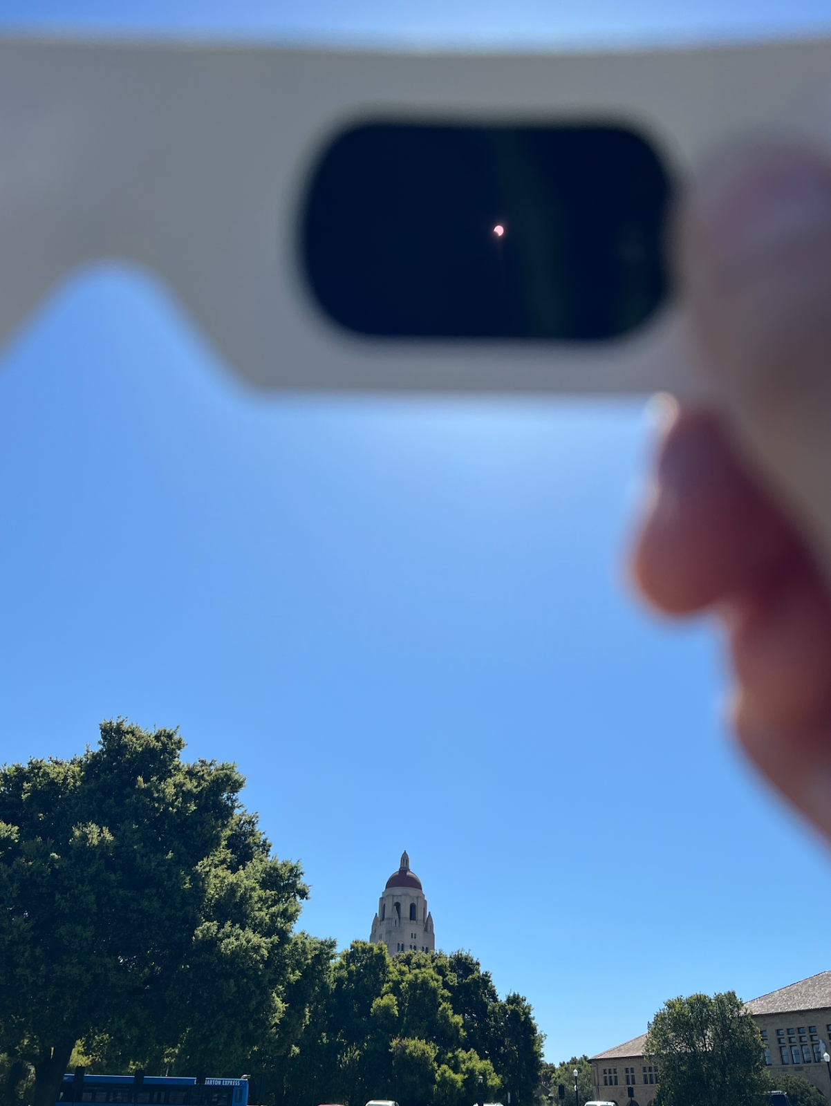The partial eclipse seen through a pair of solar glasses
