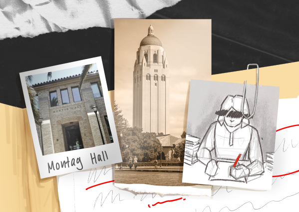 Three graphics, one a picture of Montag Hall, one a picture of Hoover Tower, and one drawing of an admissions officer sketching.
