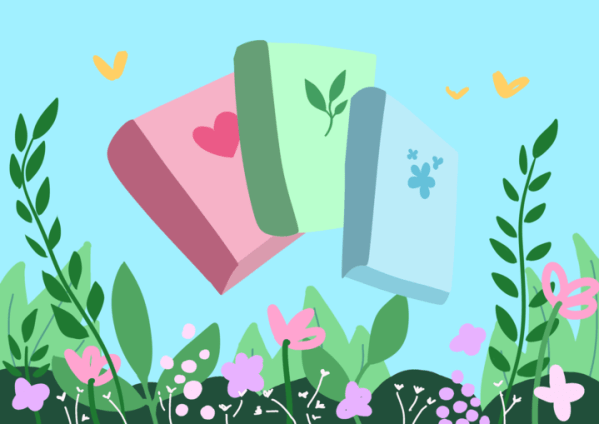 Three books pink, green and blue depicted in a backdrop of a blue sky with flowers and grass at the bottom and yellow butterflies flying on top