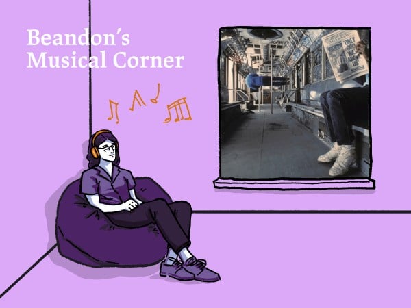 Cartoon version of Brandon listens to music through headphones while seated on a bean bag in a corner of a purple-walled room with "Beandon's Musical Corner" written in the background. The window panel is the image of Vampire Weekend's "Only God Was Above Us" album cover.