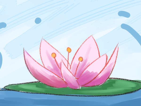 An animated lotus flower with arcs of water around it.