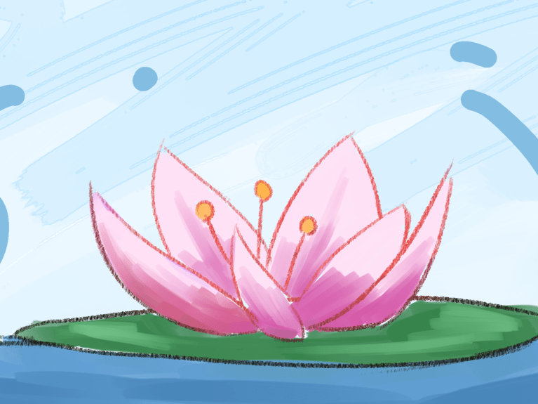 An animated lotus flower with arcs of water around it.