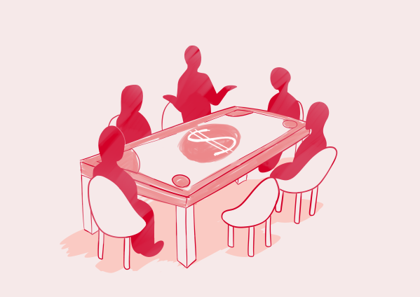 An animated table with a dollar sign on the center and people seated around listening to one person who is standing. One seat is open.