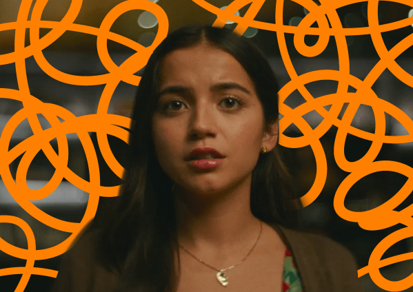Isabela Merced from the film "Turtles all the Way down" has a worried expression. There are orange scribbles behind her.