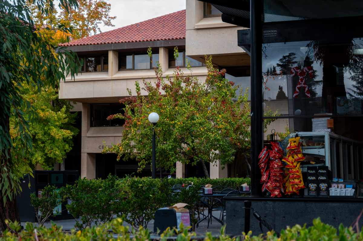 The exterior of Green Library, shot from Coupa Cafe.