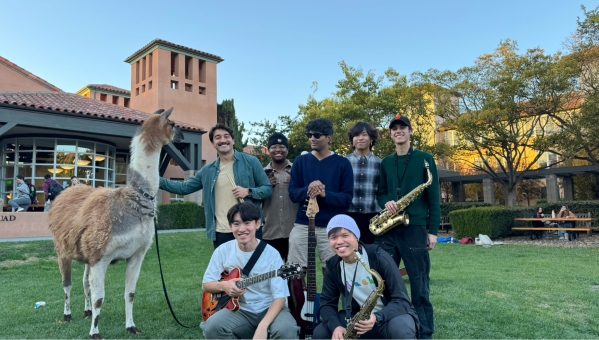 Members of the student band, The Move, pose in Casper Quad with their instruments and a llama on a sunny day.