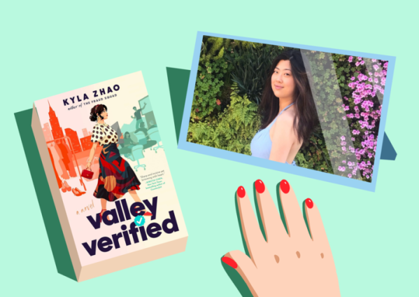 A picture of alum Kyla Zhao to the right and a graphic of a book to the left that reads "Kyla Zhao Valley Verified" with a women walking on the cover and tall buildings, office space and hanging clothes on the background of the book's cover