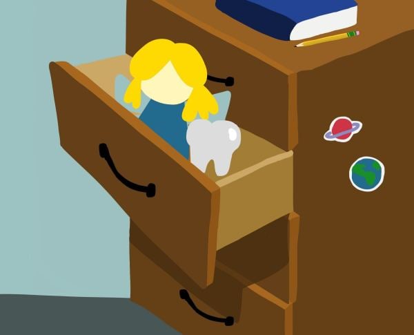A cartoon that depicts a nightstand with one drawer open, a doll with blonde hair and a tooth inside.