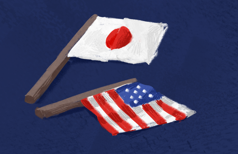 A graphic of a Japanese flag and an American flag.