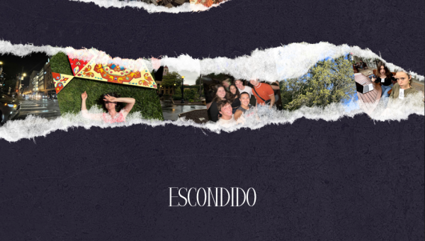 A collage of images of college students behind a torn piece of paper. Underneath reads "Escondido"