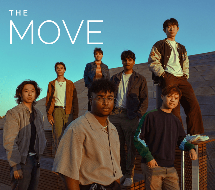 The seven members of "The Move" stand on a balcony with the text "The Move" in the top left corner.