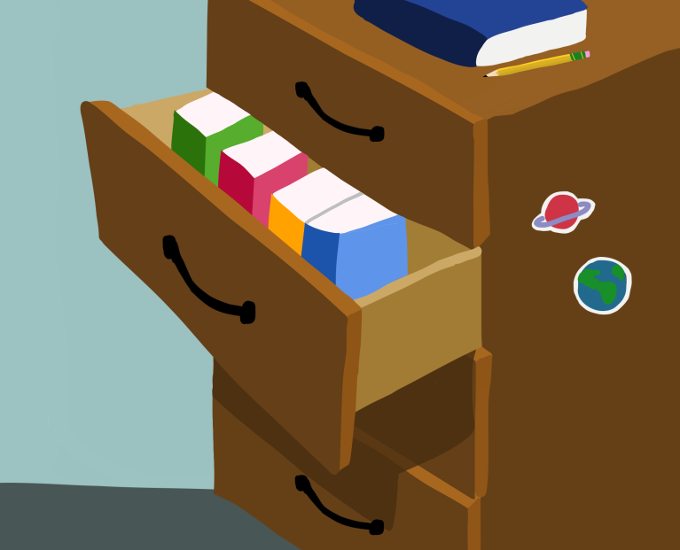 a graphic of colorful journals stacked inside of a desk drawer