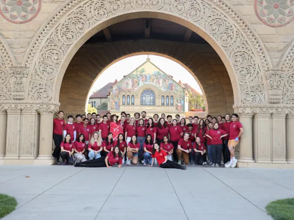 members of the stanford space initiative pose for a picture in front of memorial church