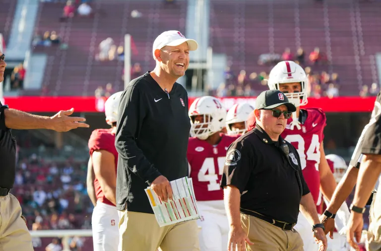 Troy Taylor smiles after Stanford defeats Cal Poly