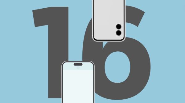 Two iphones are displayed in front of a large "16" in the background.