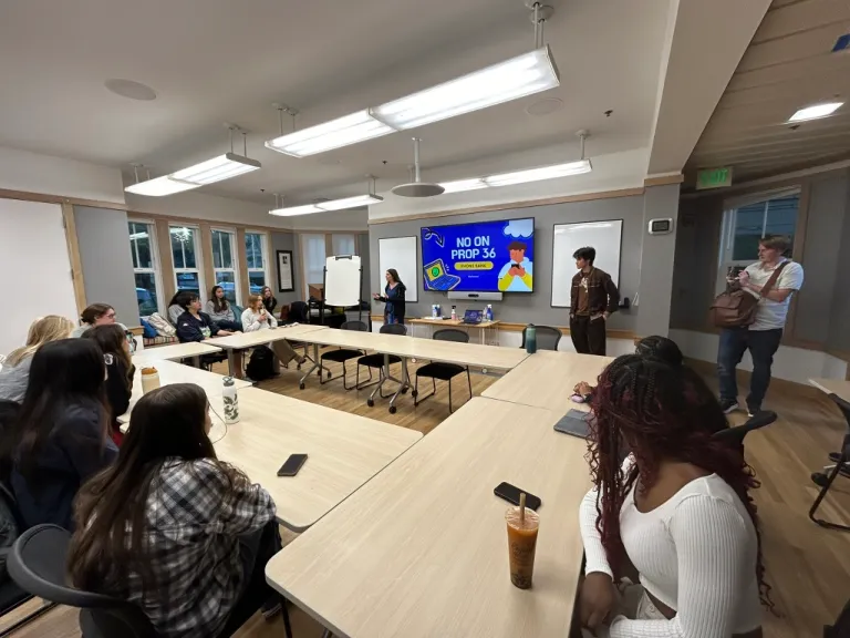 Picture of Stanford ACLU's "No on Prop 36" phone banking meeting.