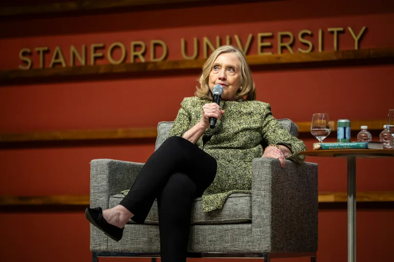 Hillary Clinton speaks onstage at the Traitel Auditorium