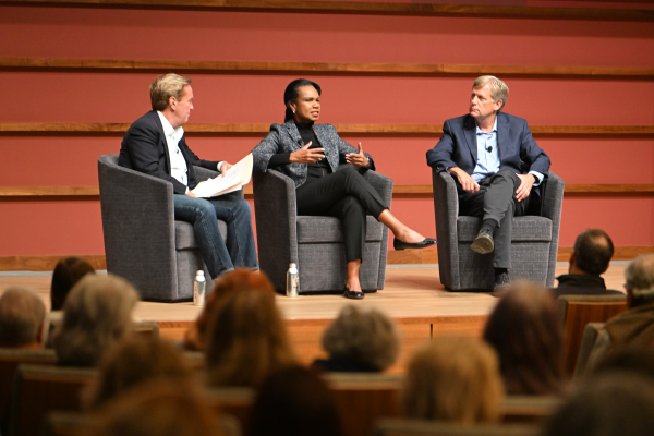 Condoleezza Rice and Michael McFaul condemn global assaults on democracy at an election event moderated by James Steyer.