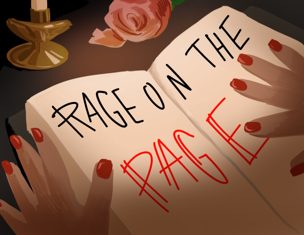 Two hands hold open a book with the words "Rage on the Page" sprawled in it in black and red.