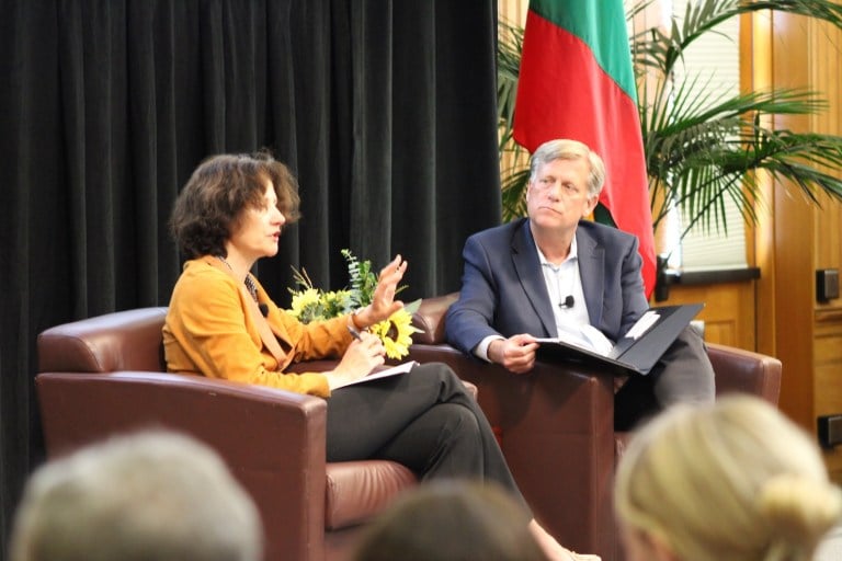 Audra Plepytė, the Lithuanian Ambassador to the United States converses with Michael McFaul ’86 M.A. ’86 — the director of the Freeman Spogli Institute.