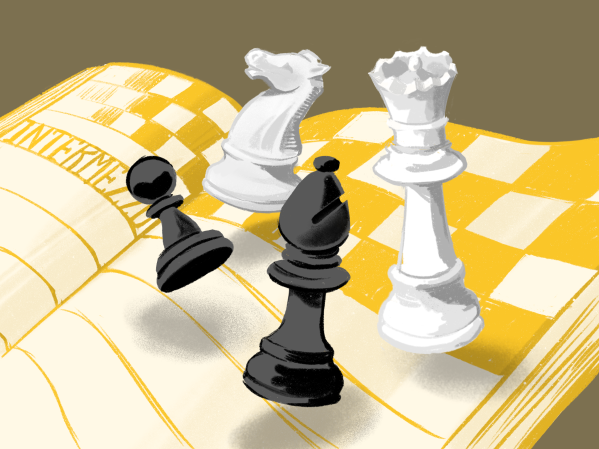 Chess pieces topple over a yellow chess board with the title "Intermezzo" written on it.