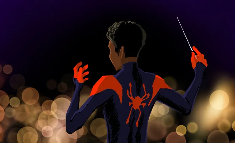 Back to the viewer, Miles Morales holds a baton and conducts an orchestra, illuminated by yellow lights on a black backdrop.