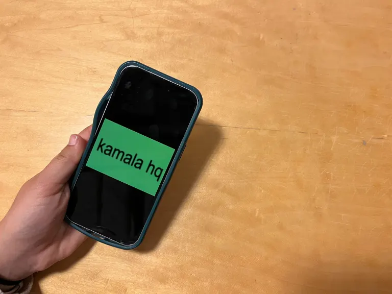 hand holds kamala hq on green background brat style