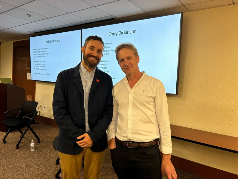 Center for the Study of the Novel director Héctor Hoyos (left) and Peter Boxall (right) pose after the talk.