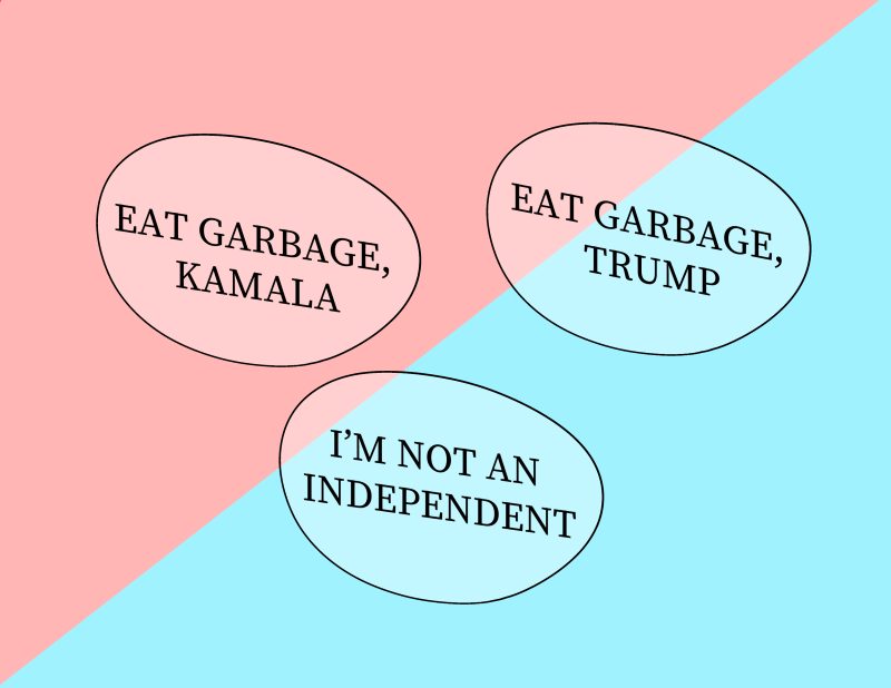 Three stickers. One says "eat garbage, Kamala," another says "eat garbage, Trump," whereas the other one says "I'm not an independent."