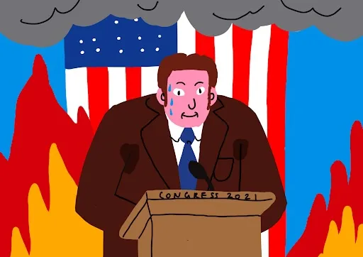 A graphic of a bureaucrat speaking at a podium in front of a scene on fire with an American flag hung in the background.