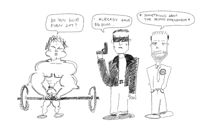 A cartoon of the three roles of Arnold Schwarzenegger, one lifting weights, one with a gun, and one in a suit